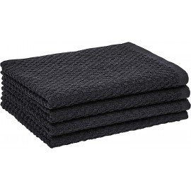 Amazon Basics 100% Cotton, Soft & Absorbent, Popcorn Texture Terry Kitchen Dish Towels, 28L x 16W, Black, Pack of 4