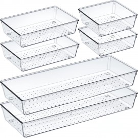 6 Pack Clear Plastic Drawer Organizer Set, Acrylic Non Slip Non Cracking Kitchen Drawer Storage Tray Large Size Divider, Multifunctional Storage for Cosmetics, Bathroom, Tools, Kitchen and Office