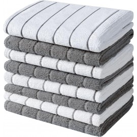 HYER KITCHEN Microfiber Dish Towels, Stripe Designed, Super Soft and Absorbent Dishcloth, Pack of 8, 12 x 12 Inch, Gray and White