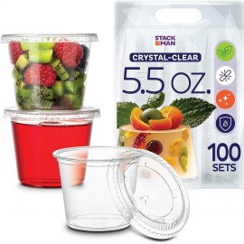 [100 Sets - 5.5 oz.] Plastic Clear Portion Cups, Snack / Yogurt /Parfait/ Pudding / Souffle /Dessert Cups, Disposable Containers with Lids 5.5oz.