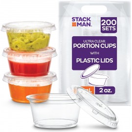 [200 Sets - 2 oz.] Small Plastic Containers with Lids, Jello Shot/ Condiment Cups, 2oz Dipping Sauce & Salad Dressing Container, Disposable Mini Portion Souffl, Ramekins, Pudding Cup